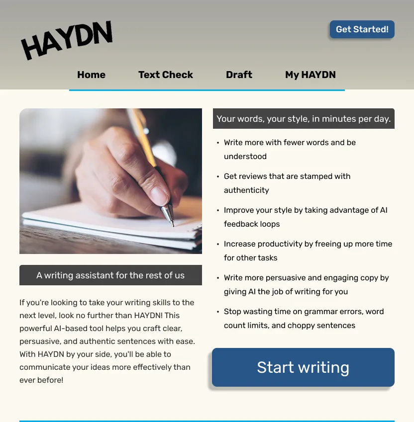 HAYDN marketing website landing page